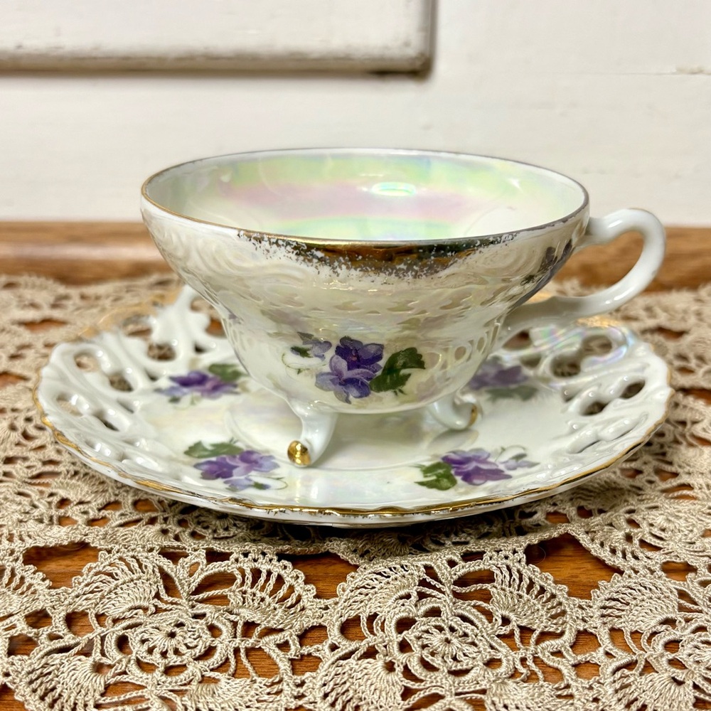 Vintage Nasco Japan Lusterware Purple Pansies Footed Tea Cup and Saucer Set